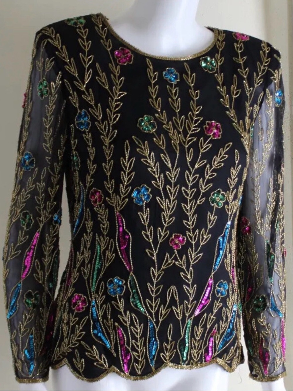 Vintage Stenay Black Long-Sleeve Sequin Embroidered Floral Top